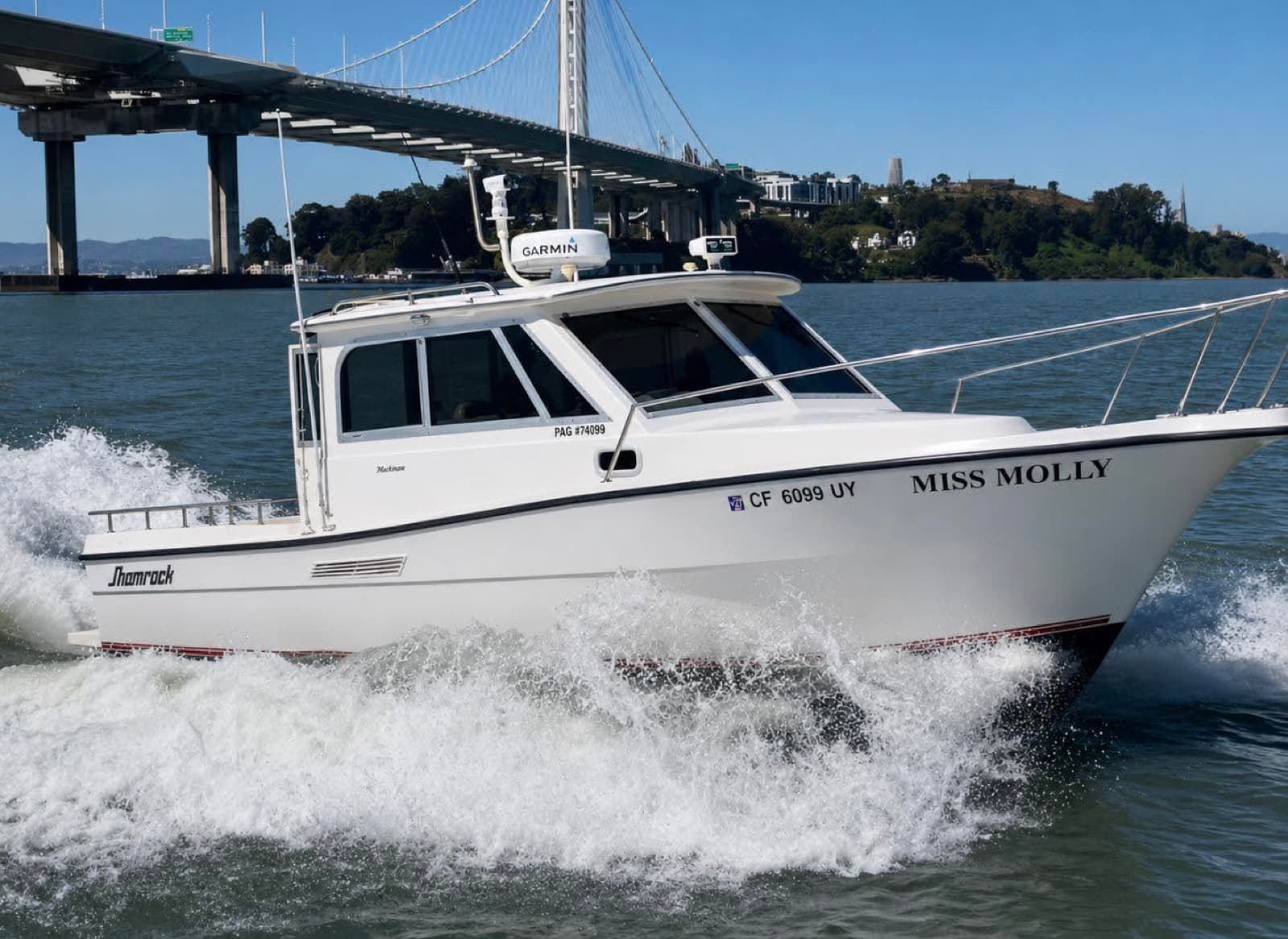 Miss Molly under way on San Francisco Bay near the Bay Bridge